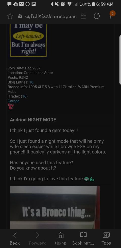 1995 Ford Bronco - This is a screenshot of a web forum page, likely a mobile browser view, displaying a user profile and a forum post. The user profile includ…