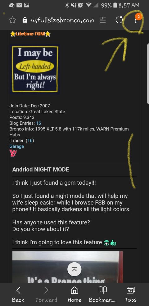 1995 Ford Bronco - This is a screenshot of a forum post on w.fullsizebronco.com discussing a night mode feature on a mobile device. The post includes user pro…