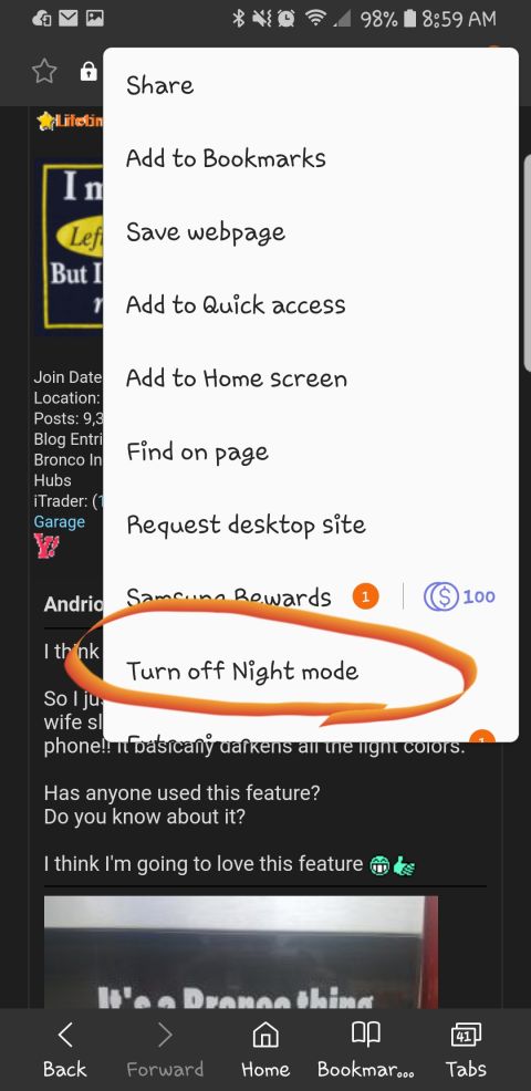 1995 Ford Bronco - A screenshot of a mobile browser menu is displayed, with the option "Turn off Night mode" highlighted by an orange circle.