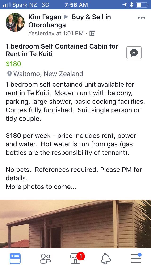 Screenshot of a Facebook Marketplace listing for a cabin rental.