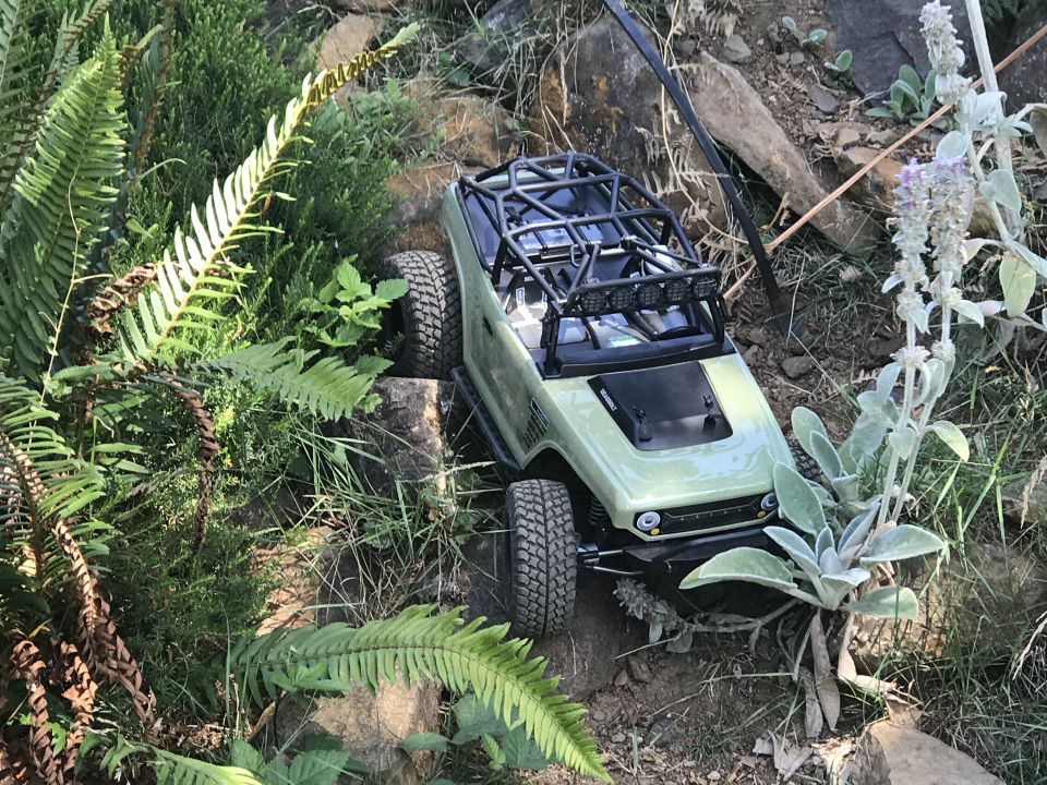 Green remote-controlled rock crawler Jeep on a rocky, overgrown trail.