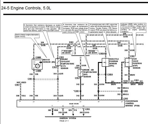 1996 Ford Bronco - Ford 5.0L engine controls wiring diagram showing knock sensor, ECT, IAT, throttle position and EGR valve position sensor circuits.