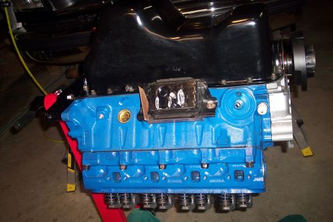 1995 Ford Bronco - Engine block painted blue with black intake manifold and visible valve springs.