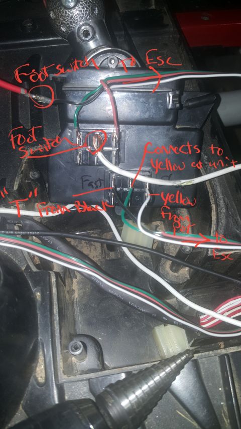 2007 Subaru Impreza - Close-up view of a vehicle's wiring harness, annotated with handwritten labels indicating connections for foot switches and ESC.