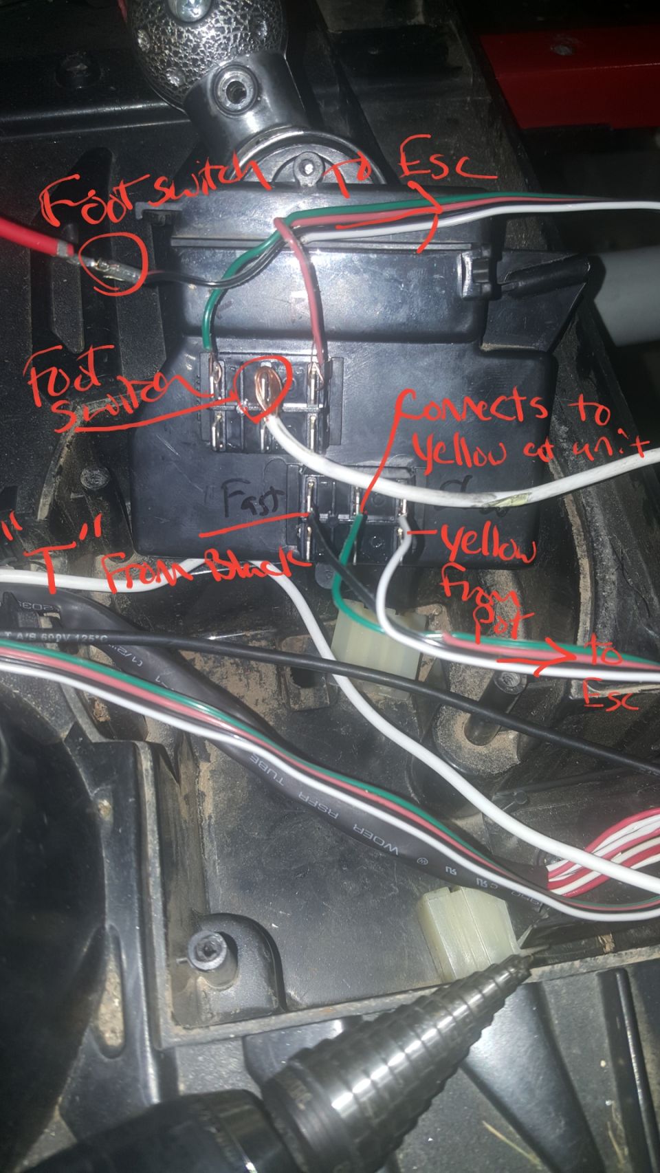 Wiring harness with handwritten labels for foot switch and ESC