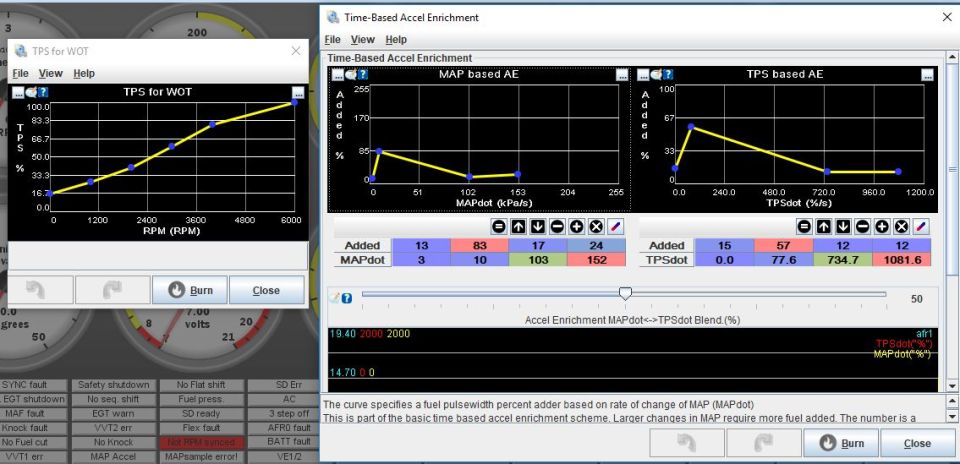 Screenshot of engine tuning software showing graphs and data tables.