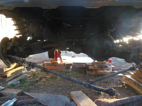1984 Ford Bronco - The underside of a vehicle is shown, with the rear axle assembly and suspension components clearly visible. The vehicle is supported by woo…