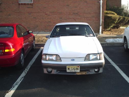 White Mustang nose with Ford badge and NJ plate MLG 64N, parked by brick building