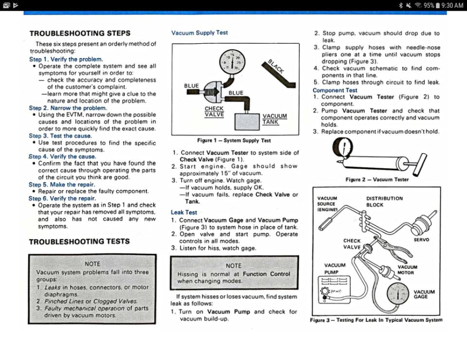 Vacuum system troubleshooting steps with supply, leak and component test figures