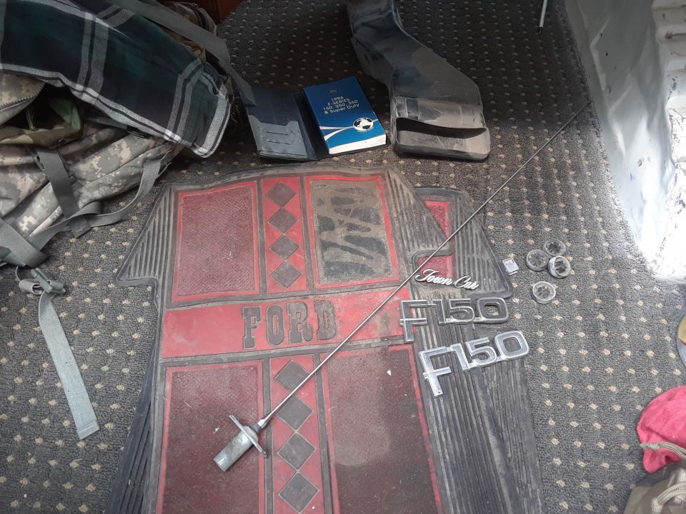 Ford F150 floor mat and emblems on a patterned carpet.