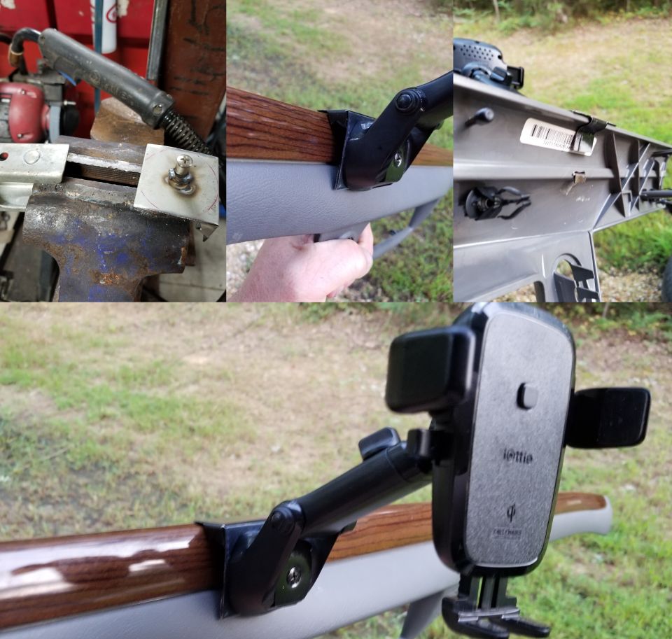 Phone mount attached to car interior trim with a wooden accent strip
