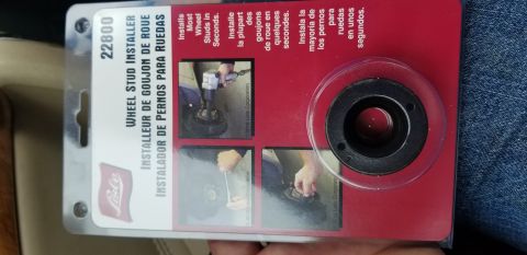 1995 Ford Bronco - Lisle 22800 Wheel Stud Installer product packaging showing instructional photos and trilingual install text.