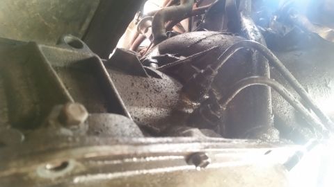 1985 Ford Bronco - This image shows a close-up view of greasy engine and transmission components, with visible hoses and bolts.