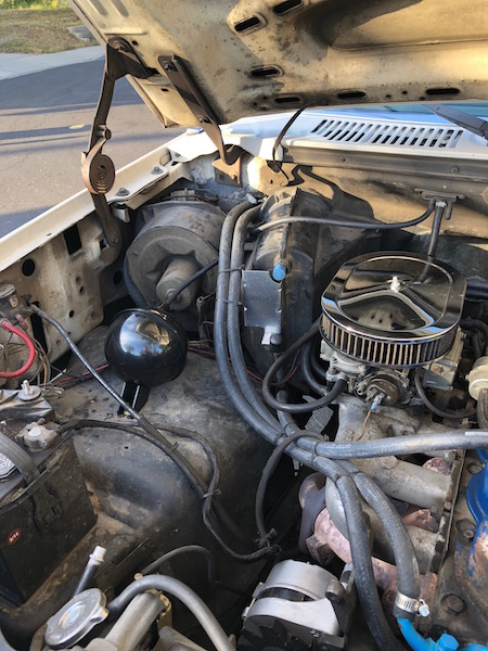 1981 Ford Bronco - Engine bay of a 1981 Ford Bronco, showing the carburetor and air cleaner assembly.
