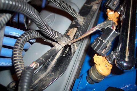 1995 Ford Bronco - Close-up of a vehicle's engine bay shows a damaged wiring harness and fuel injectors.