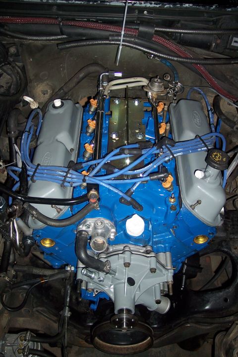 1995 Ford Bronco - Engine bay view of a Ford V8 engine, likely undergoing maintenance or rebuild.