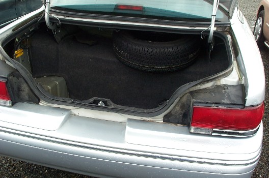 Open trunk of a silver sedan with carpet, spare tire and red taillights