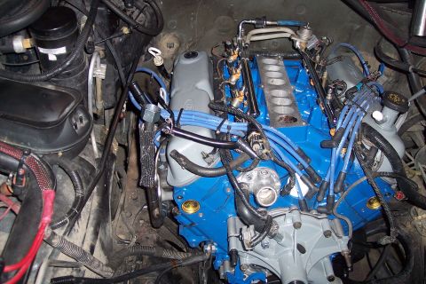 1995 Ford Bronco - Close-up view of a vehicle engine, showing blue painted components and numerous hoses and wires.