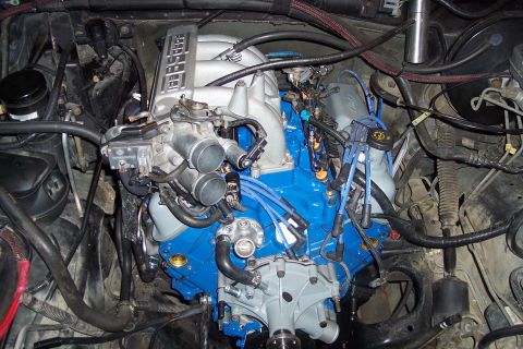 1995 Ford Bronco - Engine bay view shows a blue engine block with silver intake manifold and various hoses and wires.