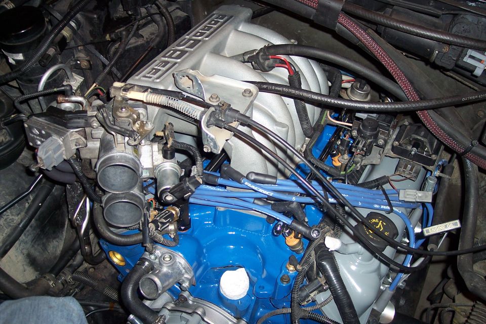 Engine bay with silver intake manifold reading "FORD", blue engine block, and blue spark plug wires