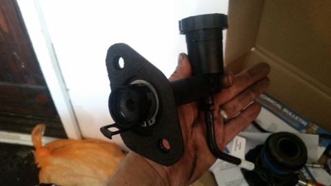 1985 Ford Bronco - Clutch master cylinder assembly held in hand, with a cat in the background.