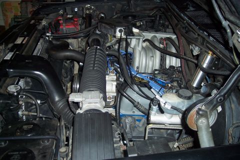 1995 Ford Bronco - Close-up view of a vehicle's engine bay, showing various mechanical parts and wiring.