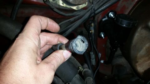 1985 Ford Bronco - Damaged fuel line connector being held, with visible engine bay parts.