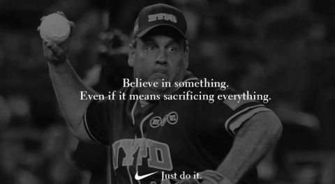 1996 Ford Bronco - A black and white image features a man in a baseball cap and uniform, holding a baseball, with text overlayed. The text reads "Believe in s…