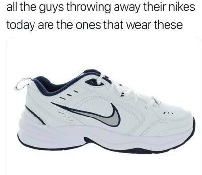 1996 Ford Bronco - A meme with text overlaying an image of a white Nike Monarch IV sneaker.