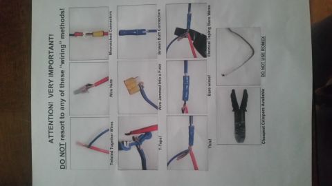 1985 Ford Bronco - Printed instruction sheet warning against bad wiring methods like wire nuts, T-taps, and twisted wires with labeled photo examples.