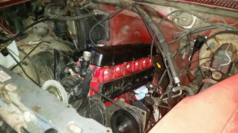1985 Ford Bronco - Engine bay detail with a red engine block and black valve covers.