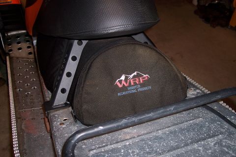 2004 Arctic Cat King Cat 900 - Close-up of a snowmobile seat and a WRP storage bag.