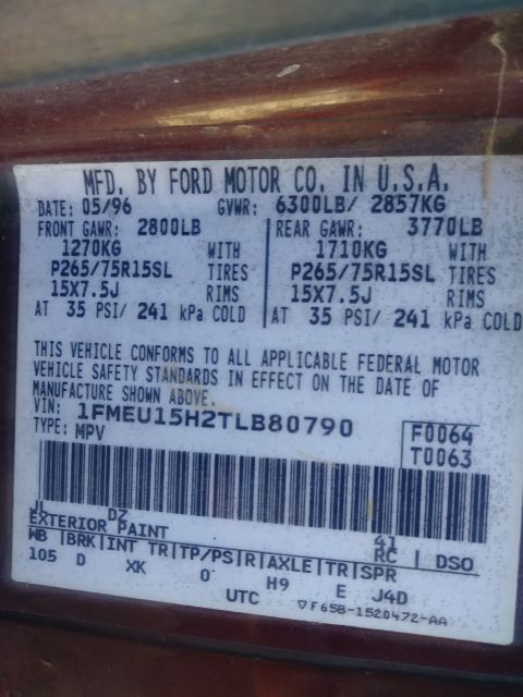 1996 Ford Bronco - Ford door certification data plate listing GVWR, front/rear GAWR, tire sizes, VIN 1FMEU15H2TLB80790 and paint code.