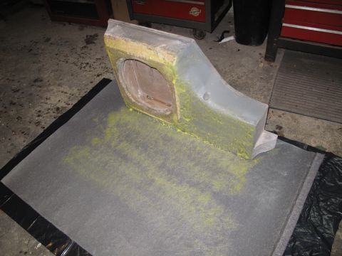 1994 Ford Bronco - A custom-made subwoofer enclosure is shown, covered in gray primer and yellow dust.