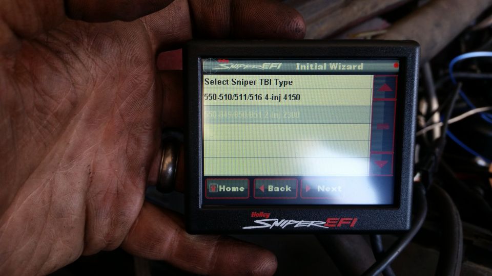 Holley Sniper EFI screen displaying TBI type selection menu