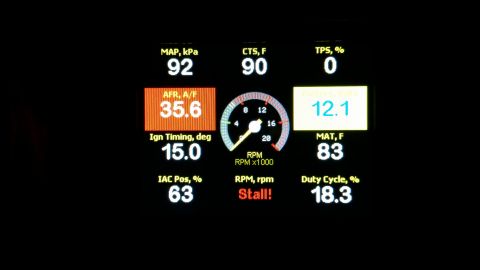 1985 Ford Bronco - A digital dashboard displays various engine parameters including MAP, AFR, RPM, and battery voltage. The gauges show values such as 92 kPa…