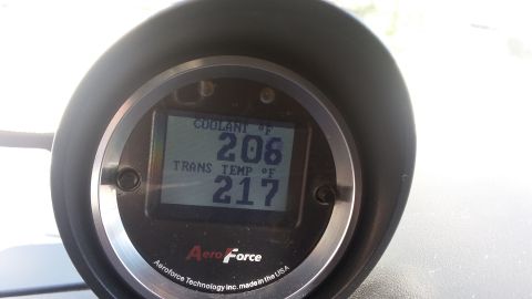 AeroForce digital gauge showing coolant at 206F and transmission temp at 217F.