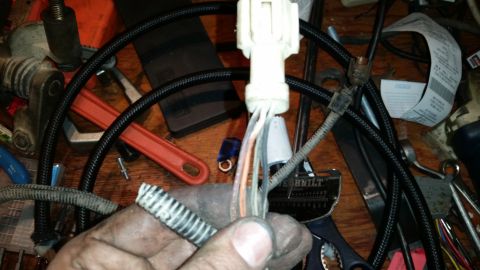 1985 Ford Bronco - A close-up view of a hand holding a bundle of wires connected to a white electrical connector. Various tools and parts are scattered on a w…