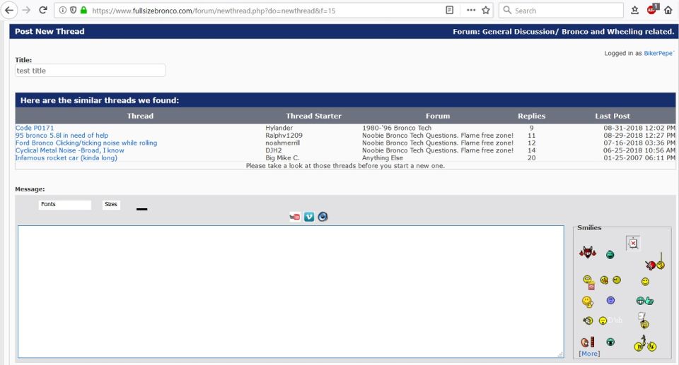 Screenshot of a forum page for posting a new thread, showing title, similar threads, and message editor.