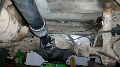 1985 Ford Bronco - The underside of a vehicle shows the rear differential, driveshaft, and a shock absorber. A portion of the exhaust system is also visible o…