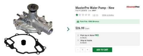 1996 Ford Bronco - A new MasterPro water pump and gasket are shown against a white background. The product listing indicates it fits a 1996 Bronco and is pric…
