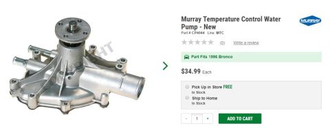 1996 Ford Bronco - A silver Murray temperature control water pump is shown against a white background. The part is new and listed as fitting a 1996 Bronco.