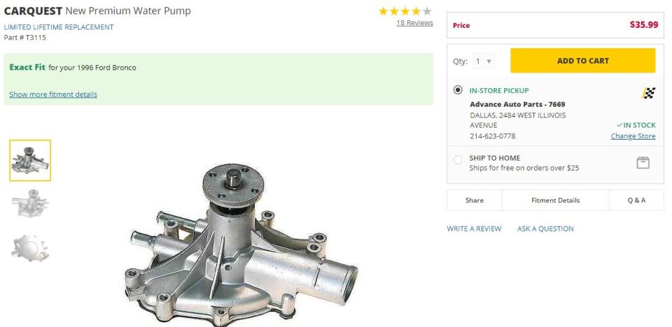 CARQUEST New Premium Water Pump for 1996 Ford Bronco, Part # T3115