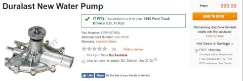 1996 Ford Bronco - A Duralast New Water Pump is shown in a studio shot. The part number CWP-657HDA is visible, and it is noted to fit a 1996 Ford Truck Bronco…