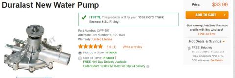 1996 Ford Bronco - A new Duralast water pump for a 1996 Ford Bronco 5.8L FI 8cyl is displayed with its part number, warranty, price, and availability.