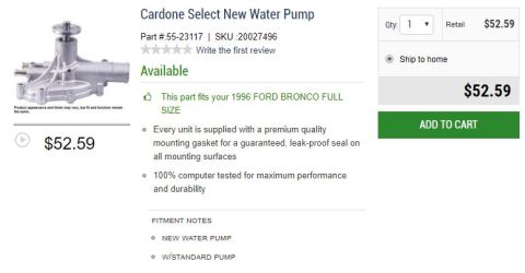 1996 Ford Bronco - A new Cardone Select water pump is displayed on a white background. The part number is 55-23117 and the SKU is 20027496. The price is $52.5…