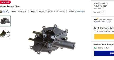 1996 Ford Bronco - A new NAPA Tru-Flow water pump is shown in a close-up, angled view against a white background. The part number TFW 43057 is visible.