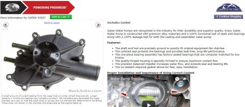 1996 Ford Bronco - A Gates 43057 water pump is shown with its features and installation information. The image also includes a description of normal coolant l…