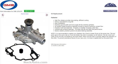 1996 Ford Bronco - A GMB water pump and gasket are shown against a white background. The water pump is silver and features a circular flange at the top, with…