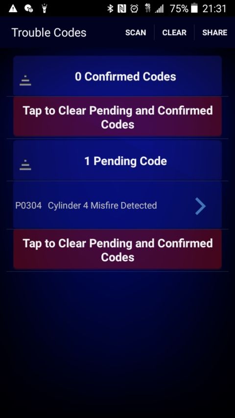 OBD-II scanner app showing 'Trouble Codes' with 0 confirmed and 1 pending code for Cylinder 4 Misfire